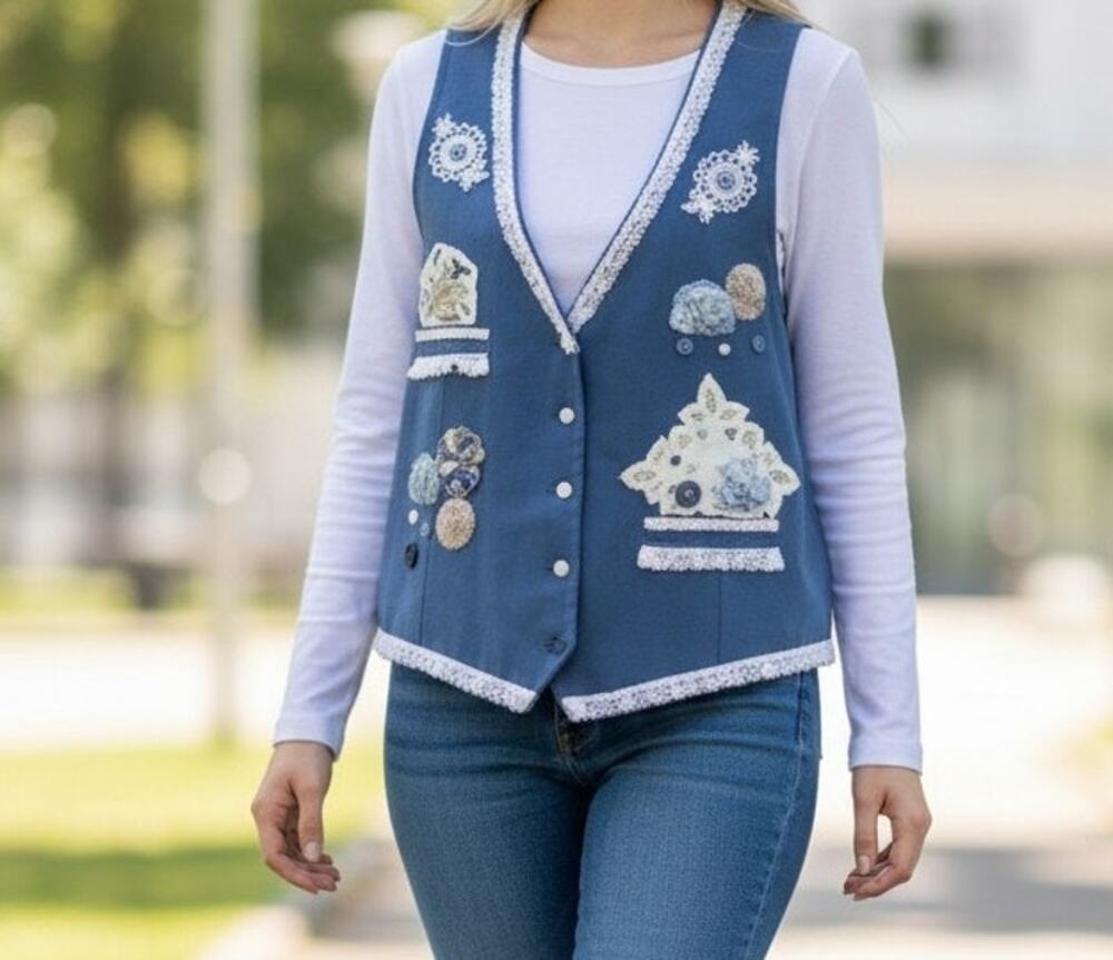 Gino Cappelli New York Women's Lace Embellished Vest Blue Size Large